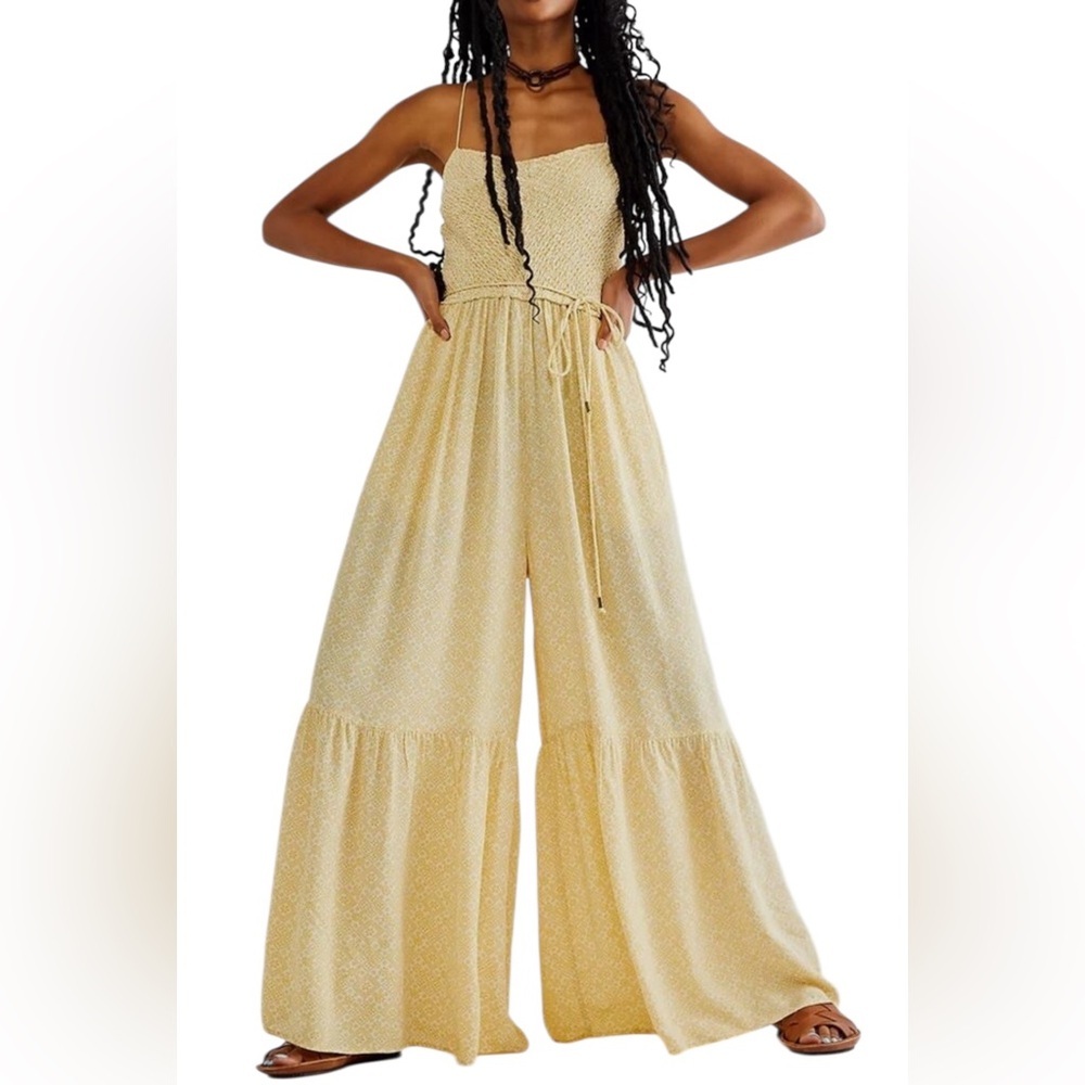 Free People 100%Viscose  Little Of Your Love Yellow Floral Jumpsuit Size XS L-20